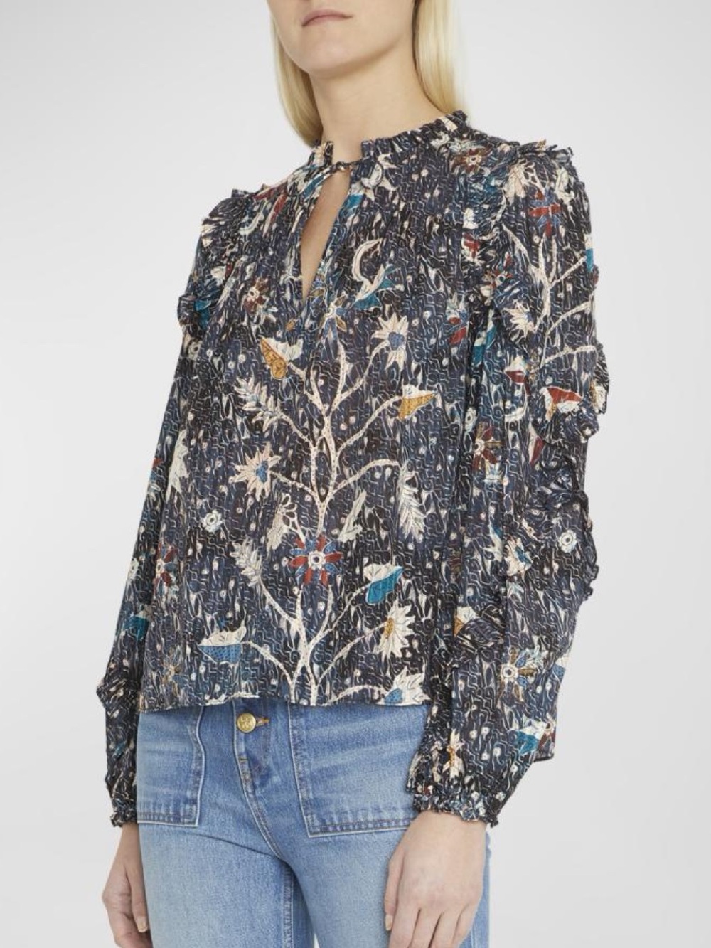 Ulla Johnson Manet Split-Neck Printed Puff Sleeve Cotton Blouse Size 8